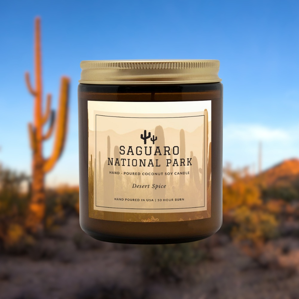 Saguaro National Park Desert Spice CandleBring home the smell of the most beautiful places on earth, with these 9 oz coconut soy wax hand-poured National Park candles. These National Park Amber Jar Candles