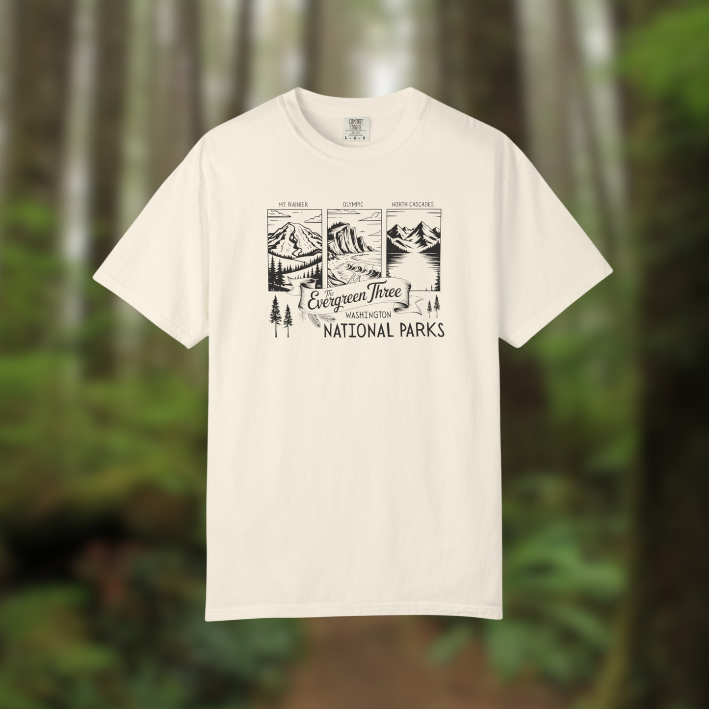 Washington Evergreen Three National Parks Tee featuring Olympic, Mount Rainier, and North Cascades graphics.