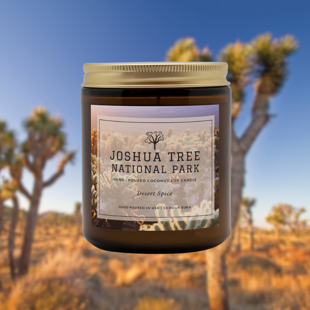 Joshua Tree National Park Desert Spice CandleBring home the smell of the most beautiful places on earth, with these 9 oz coconut soy wax hand-poured National Park candles. These National Park Amber Jar Candles