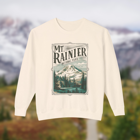 Vintage Mt. Rainier Lightweight Crewneck featuring an iconic mountain design, perfect for outdoor adventures.