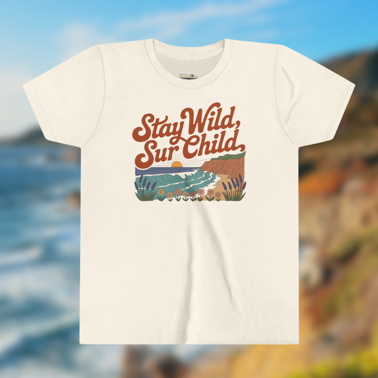 Stay Wild Sur Child kids tee featuring California coast design, perfect for little adventurers and outdoor explorations.