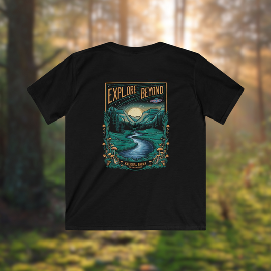 Explore Beyond Youth Tee featuring a nature scene with mountains and a river, perfect for young adventurers.