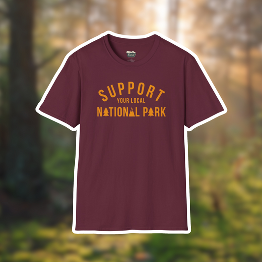 Maroon t-shirt with "Support Your Local National Park" design, perfect for nature lovers and outdoor enthusiasts.