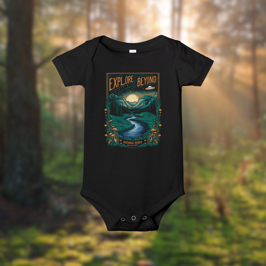 Explore Beyond baby onesie in black, showcasing a nature-themed design, perfect for tiny adventurers.