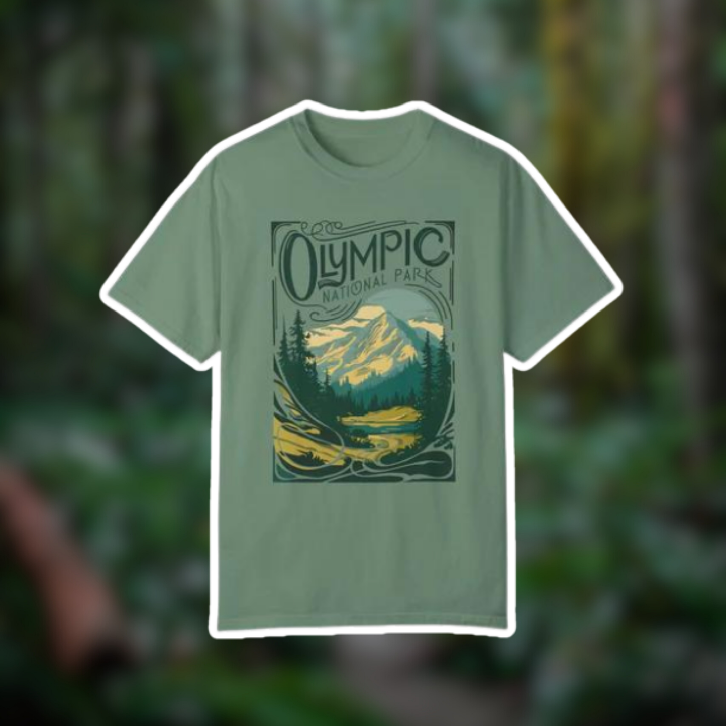 Vintage Olympic National Park 1938 T-shirt in soft green, featuring a scenic mountain design and trees. Perfect for outdoor adventures.