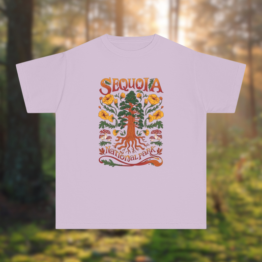 Sequoia National Park youth tee featuring colorful nature design, perfect for kids' outdoor adventures.
