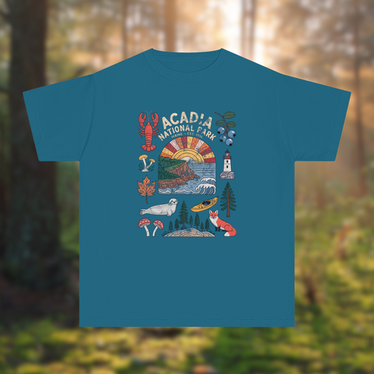Youth Acadia National Park tee featuring wildlife icons and vintage sunset colors, perfect for young explorers.