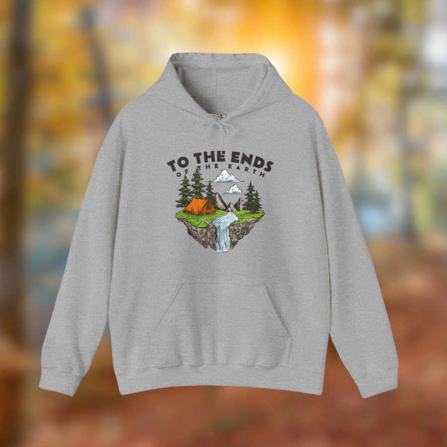 Ends of the Earth hoodie featuring a camping scene with trees, mountains, and a waterfall, perfect for adventurers.