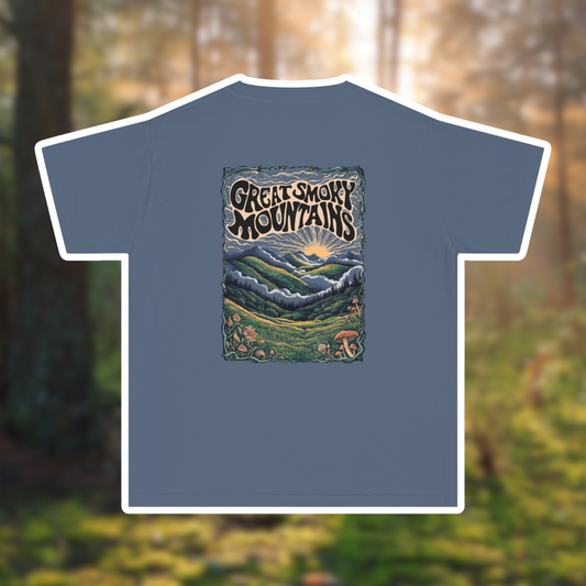 Great Smoky Mountains youth tee featuring vibrant sunrise and nature design, perfect national park shirt for kids.