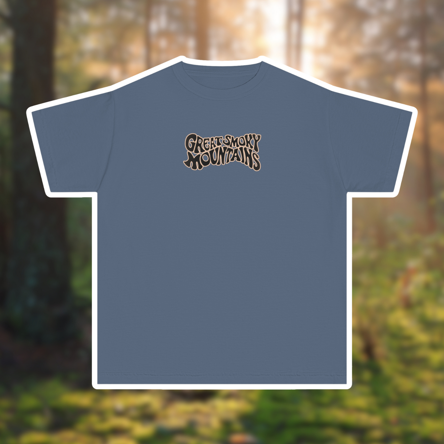 Great Smoky Mountains graphic tee displayed against a forest backdrop, ideal for national park enthusiasts.