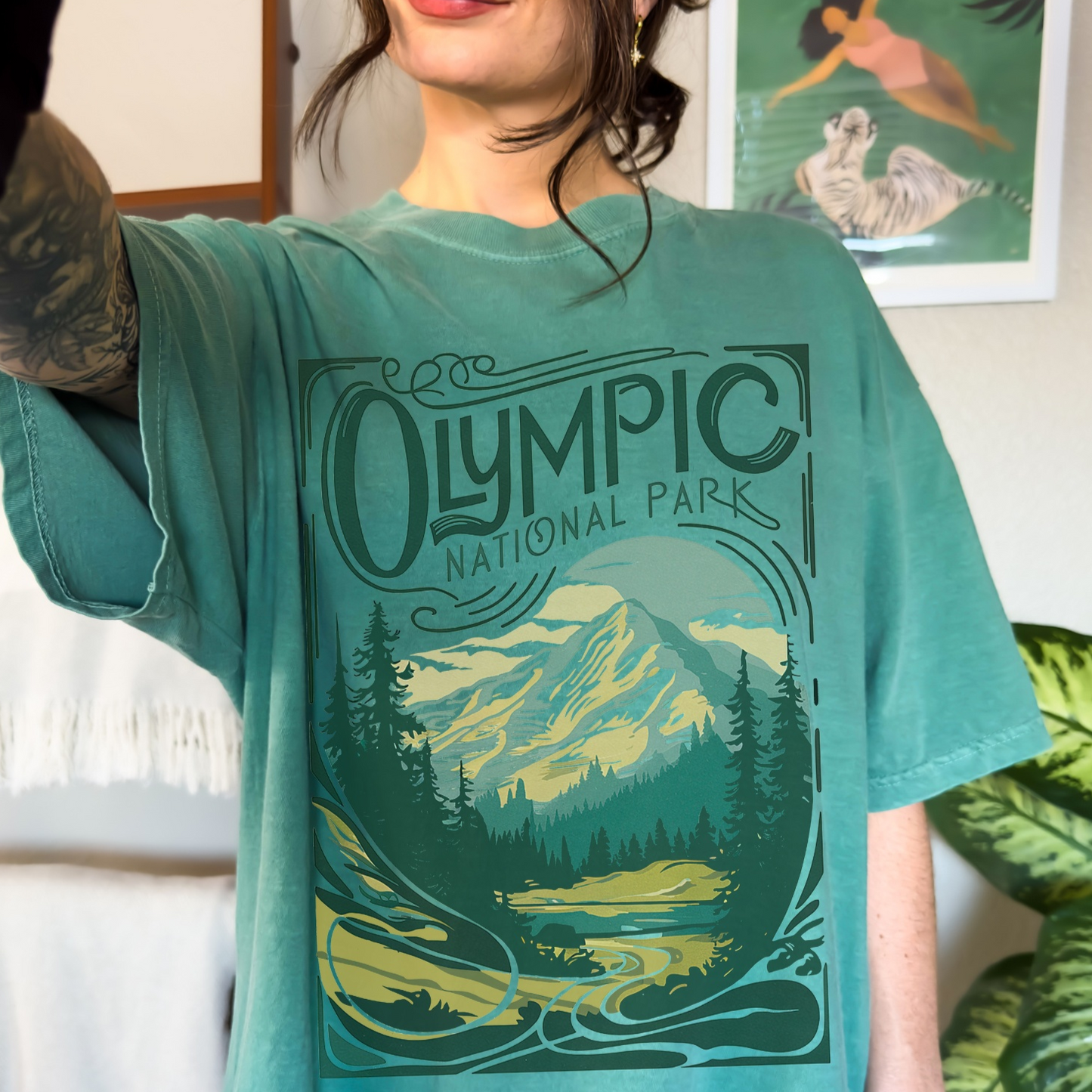Olympic National Park 1938 T-Shirt in turquoise with vintage mountain and forest design, perfect for outdoor adventures.