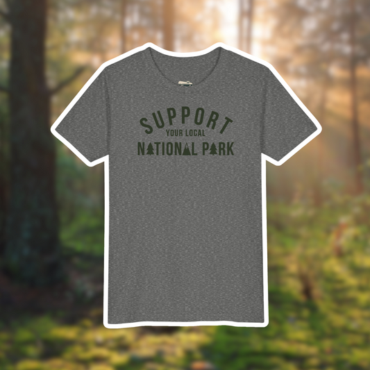 Youth Support Your Local National Park shirt in gray, showcasing vintage-style lettering perfect for young adventurers.
