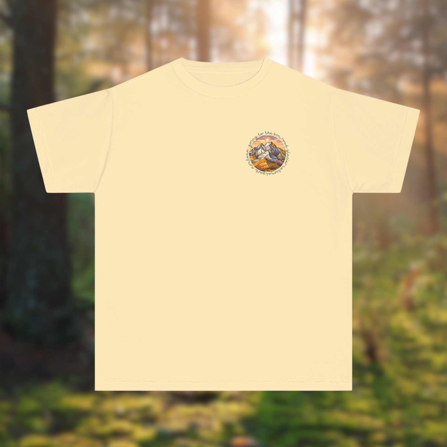 Youth tee featuring a colorful mountain design, inspired by Glacier National Park, perfect for young adventurers.