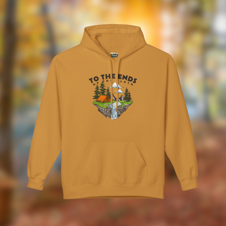 Ends of the Earth hoodie in golden yellow featuring a nature graphic, perfect for adventure lovers and outdoor enthusiasts.