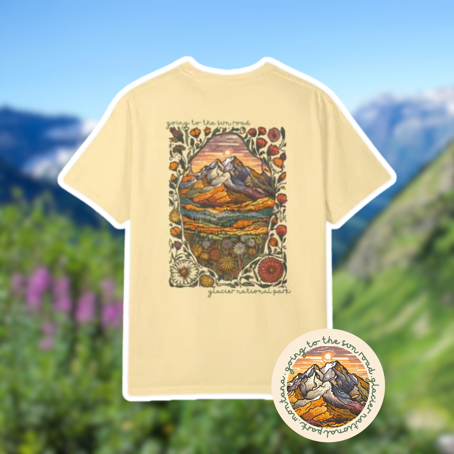 Going-to-the-Sun Road T-shirt featuring Glacier National Park's vibrant mountain sunset and wildflower design.