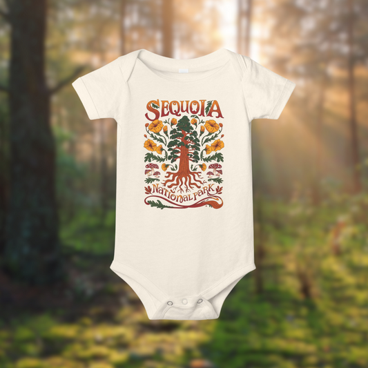 Sequoia National Park baby onesie in soft cotton, featuring colorful forest design, perfect for little nature lovers.