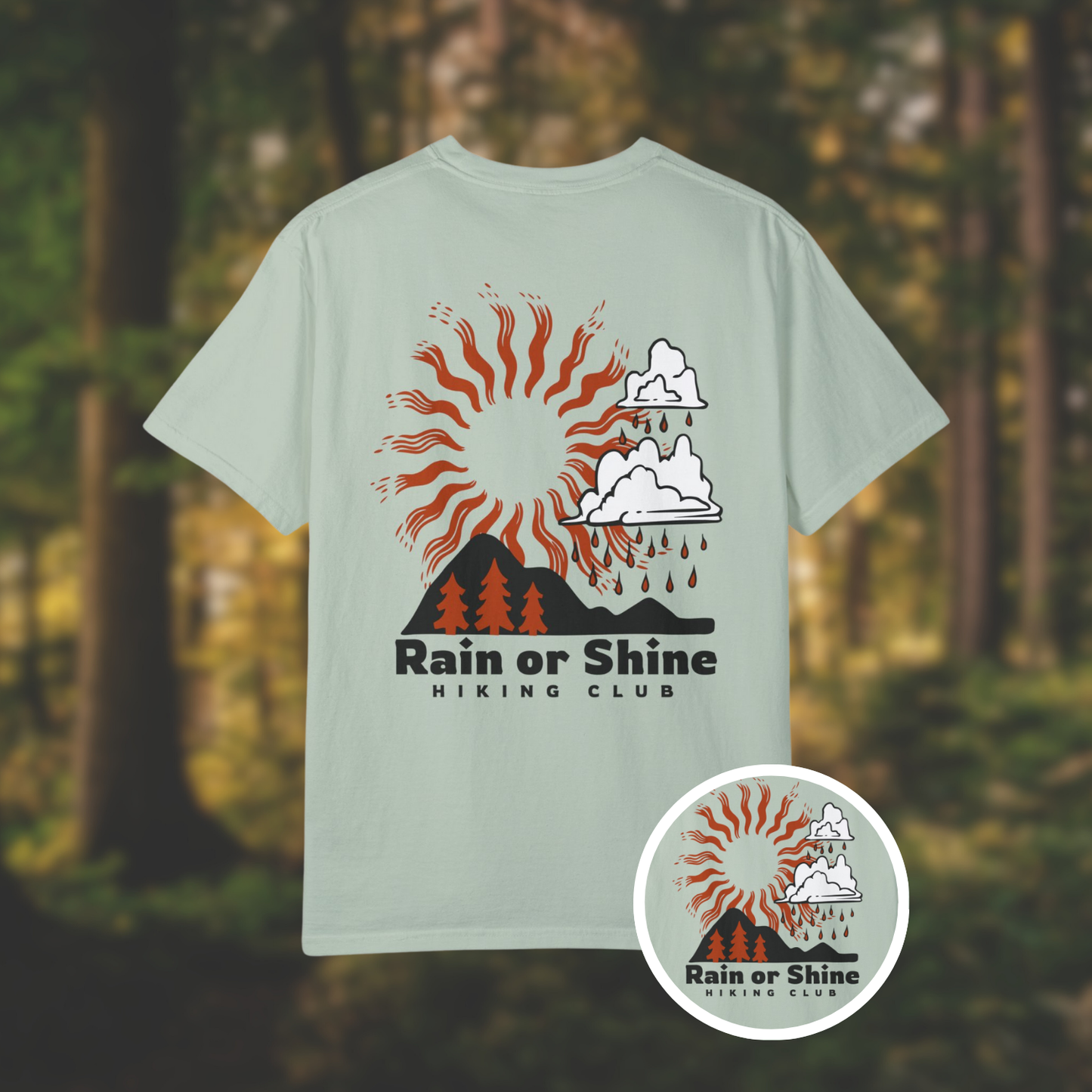 Rain or Shine Hiking Club Tee with a sun and cloud design, perfect for outdoor adventures in any weather.