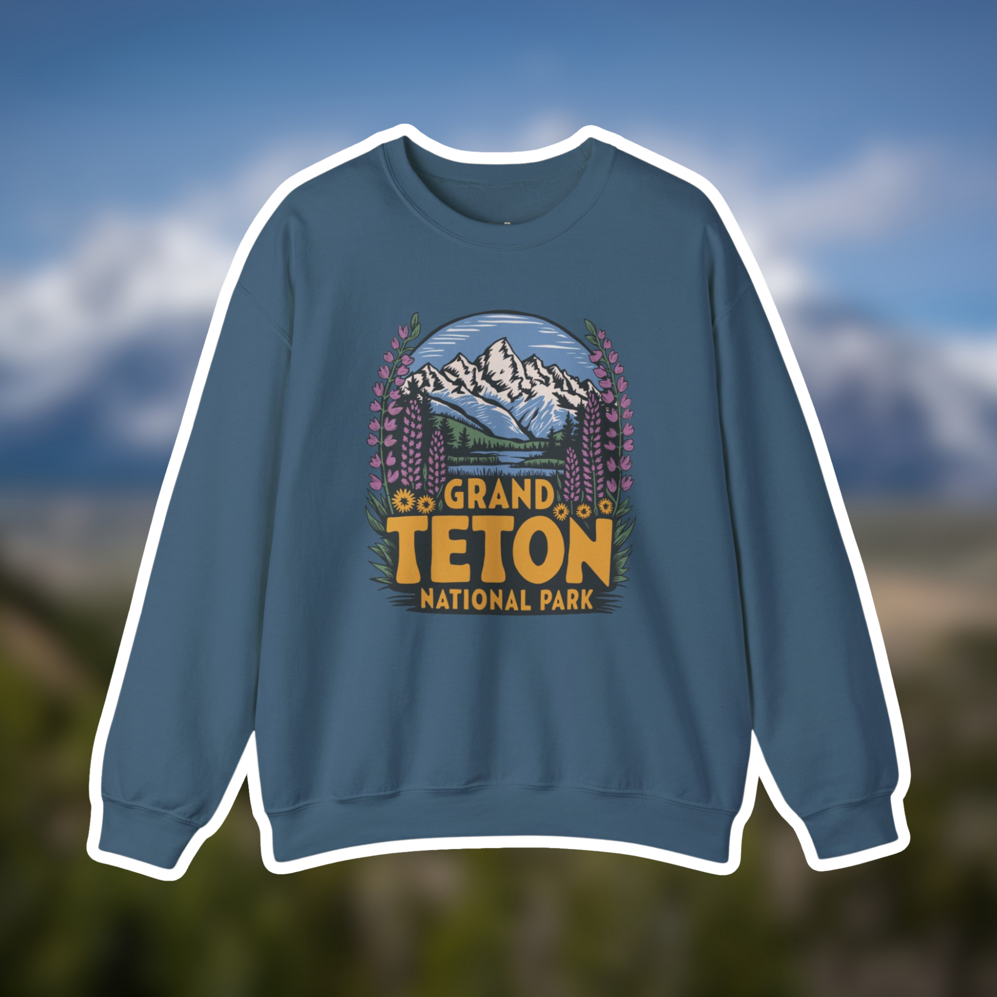 Grand Teton National Park Camp Crewneck Sweatshirt with mountain and wildflower design, perfect for outdoor adventures.