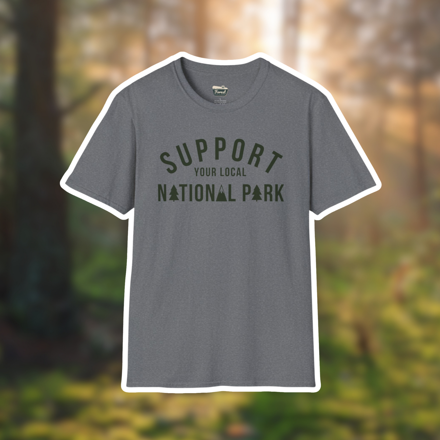 Support Your Local National Park t-shirt in gray, perfect for nature enthusiasts and outdoor adventures.