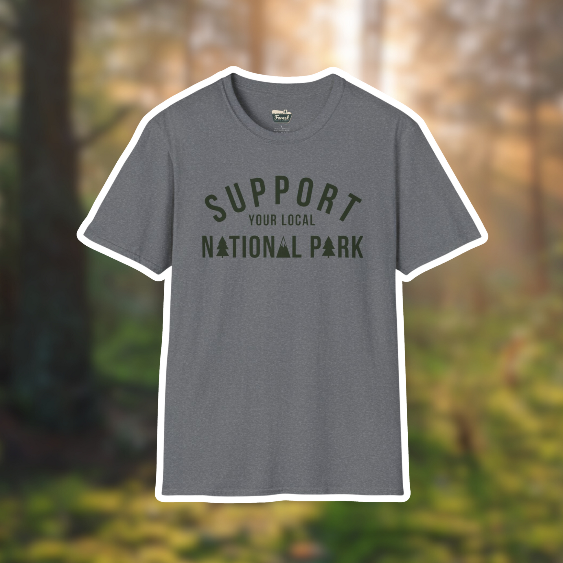 Support Your Local National Park t-shirt in gray, perfect for nature enthusiasts and outdoor adventures.