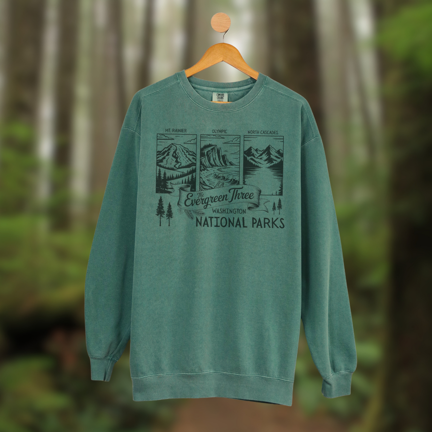 Washington Evergreen Three National Parks sweatshirt featuring Olympic, Mount Rainier, and North Cascades designs.