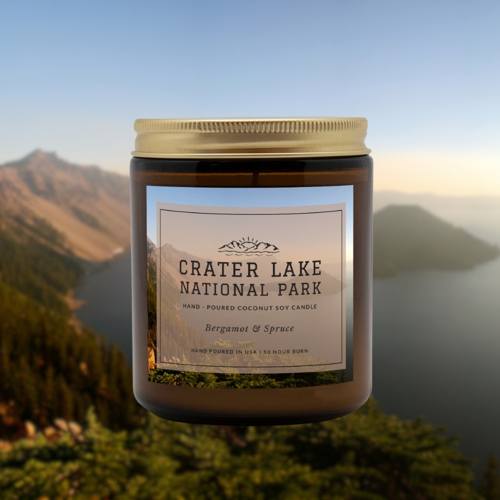 Crater Lake National Park Bergamot & Spruce CandleBring home the smell of the most beautiful places on earth, with these 9 oz coconut soy wax hand-poured National Park candles.
The Crater Lake candle scent has an he