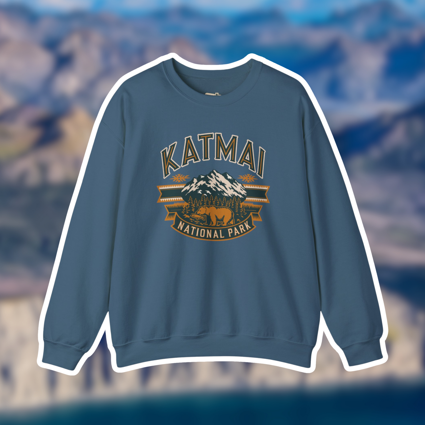 Katmai National Park sweatshirt in blue, featuring mountain and bear design, perfect for cozy hikes or casual wear.