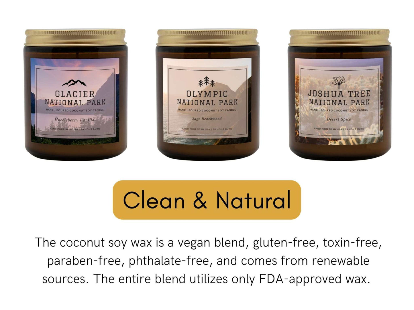 Joshua Tree National Park Desert Spice CandleBring home the smell of the most beautiful places on earth, with these 9 oz coconut soy wax hand-poured National Park candles. These National Park Amber Jar Candles