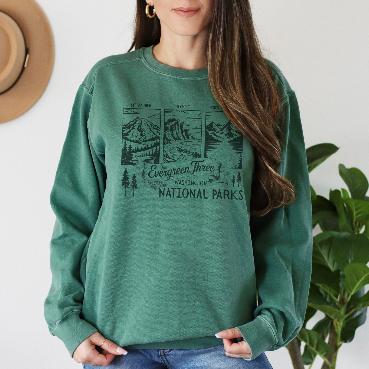 Washington Evergreen Three National Parks sweatshirt showcasing Olympic, Mount Rainier, and North Cascades.