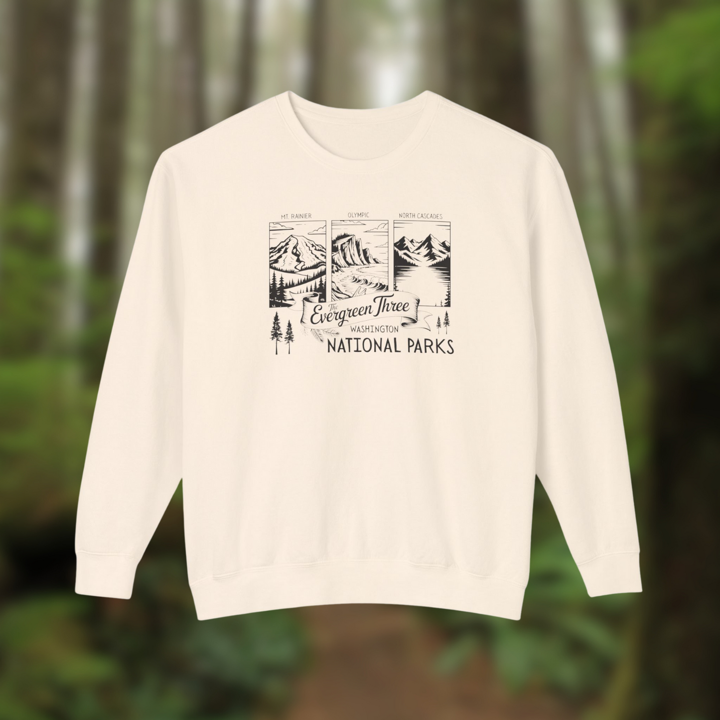 Washington Evergreen Three National Parks sweatshirt featuring Olympic, Mount Rainier, and North Cascades designs.