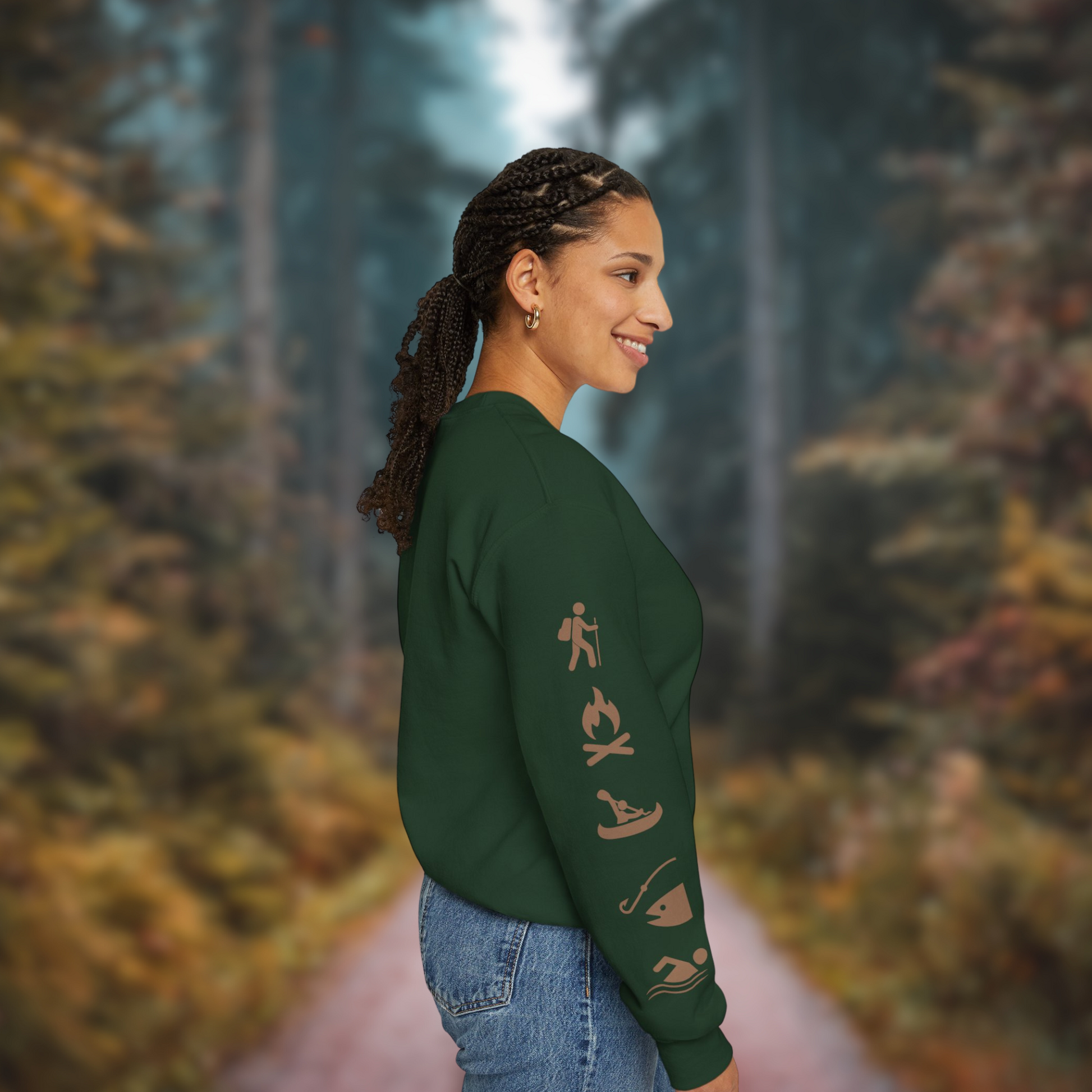 Adventure Ready Sleeves Crewneck Sweatshirt featuring outdoor icons in a forest setting.