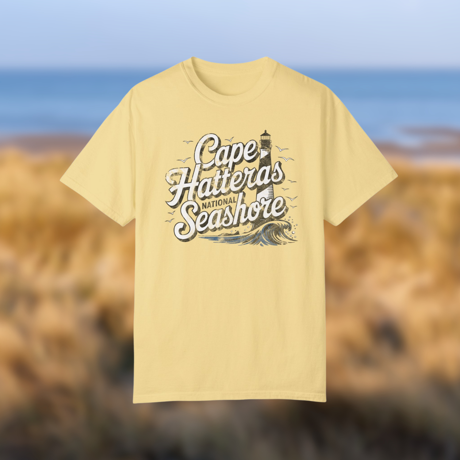 Cape Hatteras National Seashore vintage tee featuring iconic lighthouse and coastal design.