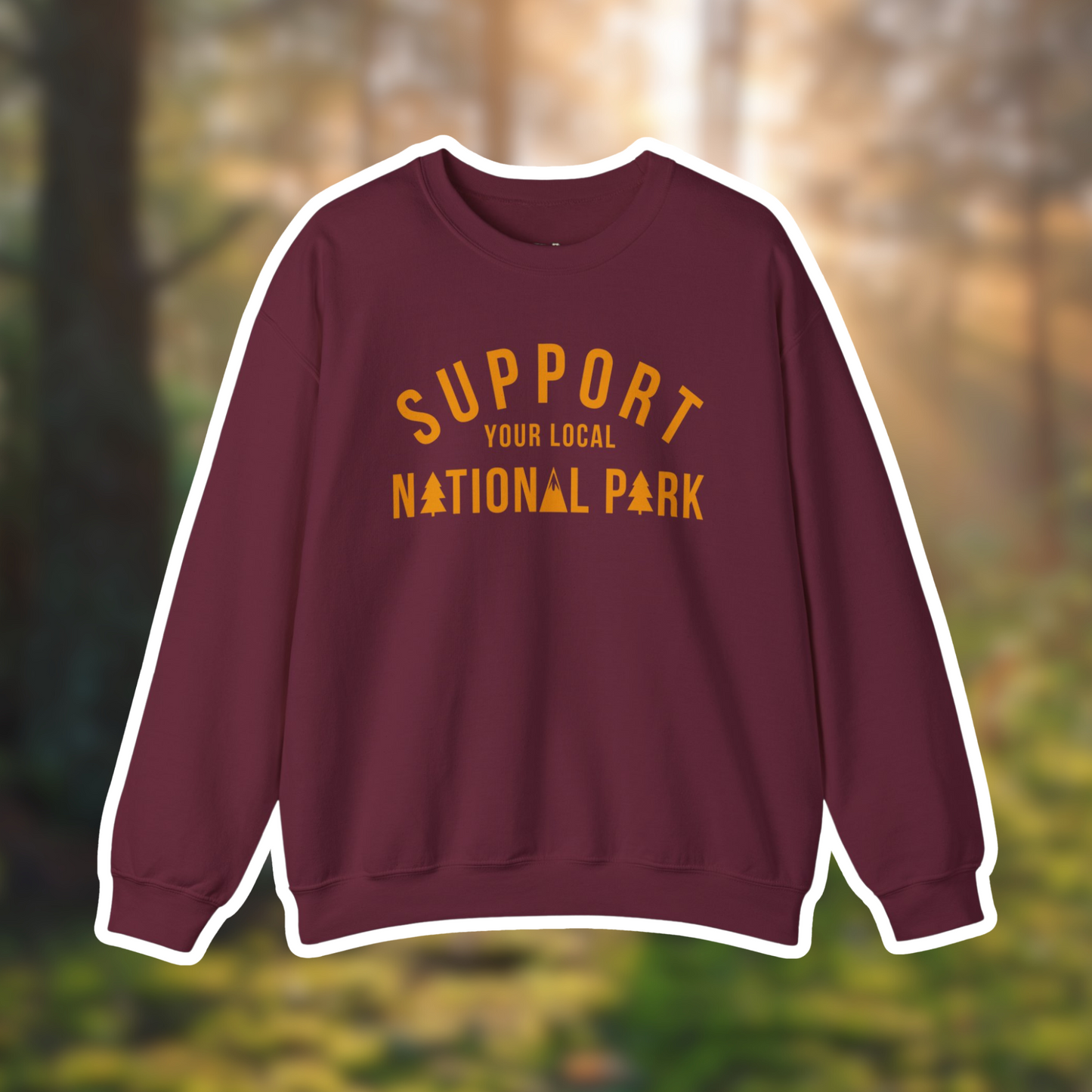 Cozy maroon crewneck sweatshirt featuring "Support Your Local National Park" design, perfect for outdoor enthusiasts.