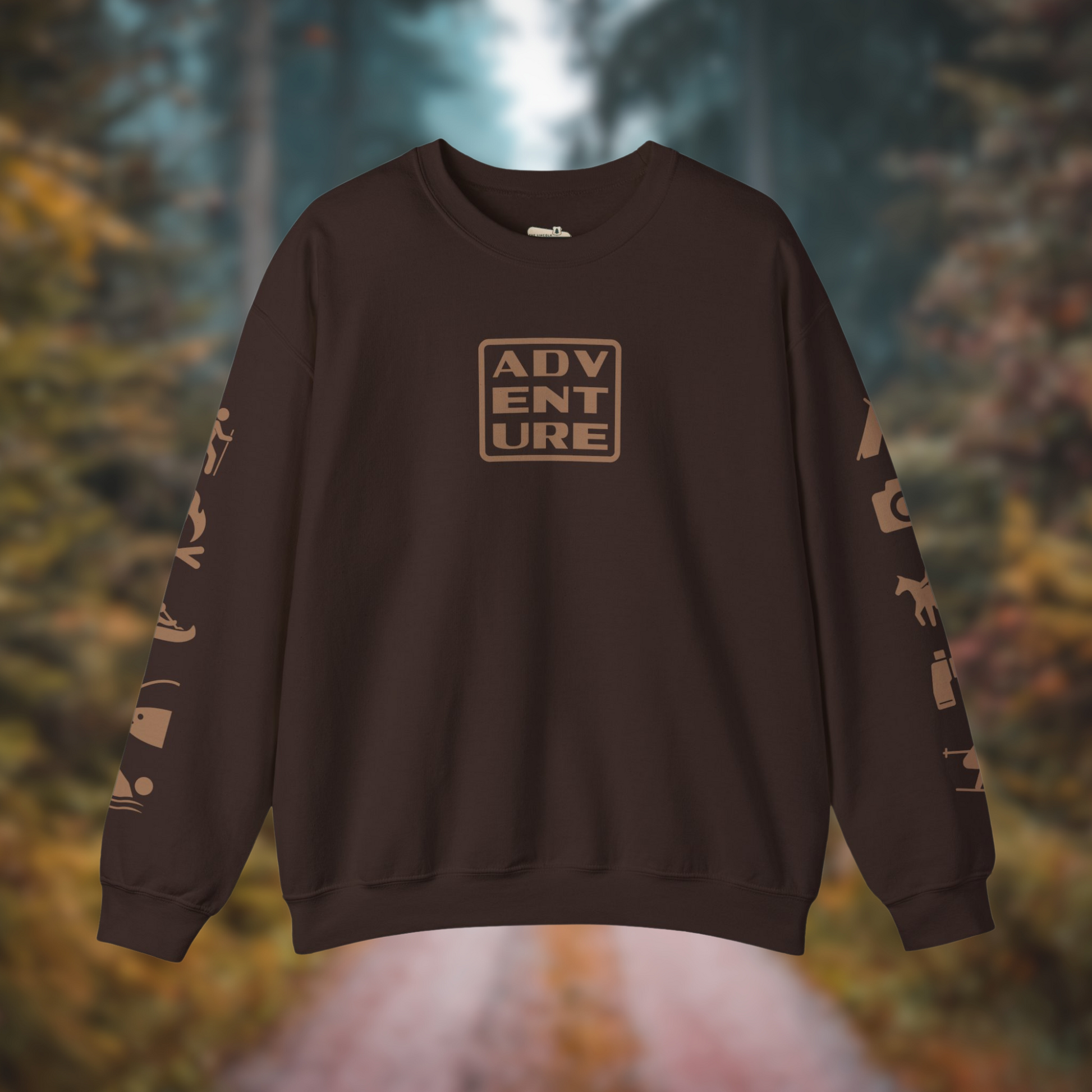 Adventure Ready Sleeves Crewneck Sweatshirt in dark brown with national park icons on sleeves, perfect for outdoor enthusiasts.