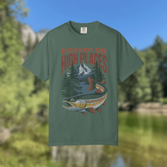 Hooked on High Places trout adventure tee shirt with vintage trout design and mountain scenery.