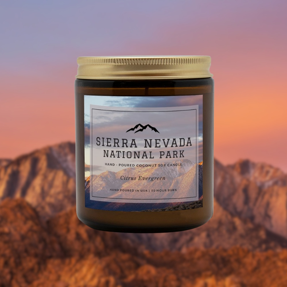 Sierra Nevada National Park Citrus Evergreen CandleBring home the smell of the most beautiful places on earth, with these 9 oz coconut soy wax hand-poured National Park candles. These National Park Amber Jar Candles