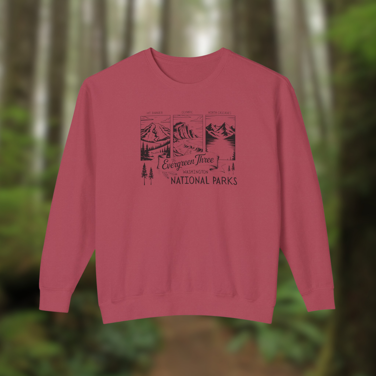 Washington Evergreen Three National Parks sweatshirt featuring Olympic, Mount Rainier, and North Cascades design.