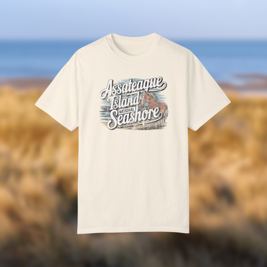 Vintage Assateague Island National Seashore Tee with wild pony design against a coastal background.