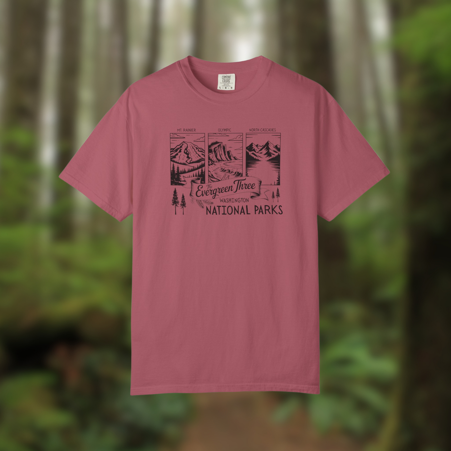Washington Evergreen Three National Parks Tee showcasing Mount Rainier, Olympic, and North Cascades in a nature-inspired design.
