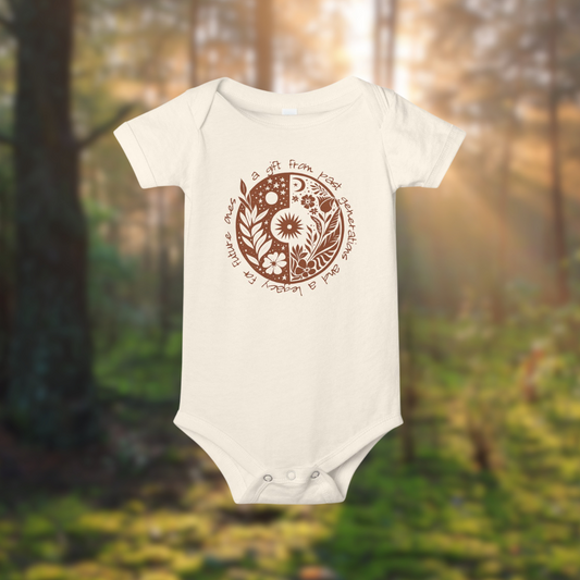 Soft cotton baby onesie featuring nature-inspired design, perfect for future adventurers.