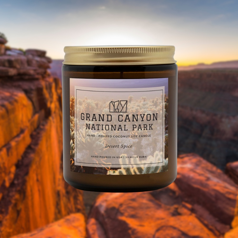 Grand Canyon National Park Desert Spice CandleBring home the smell of the most beautiful places on earth, with these 9 oz coconut soy wax hand-poured National Park candles. These National Park Amber Jar Candles