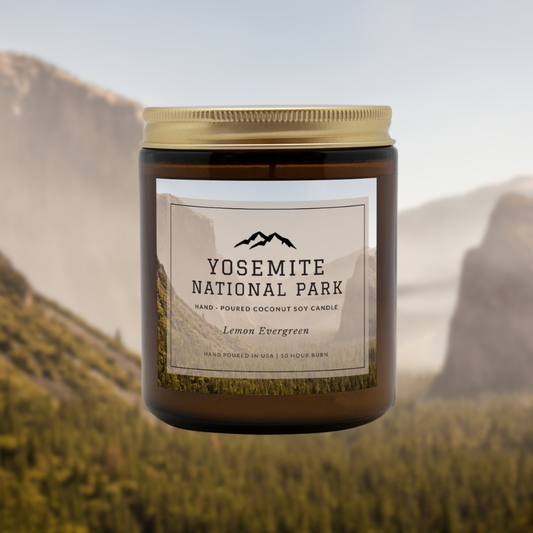 Yosemite National Park Lemon Evergreen CandleBring home the smell of the most beautiful places on earth, with these 9 oz coconut soy wax hand-poured National Park candles. These National Park Amber Jar Candles