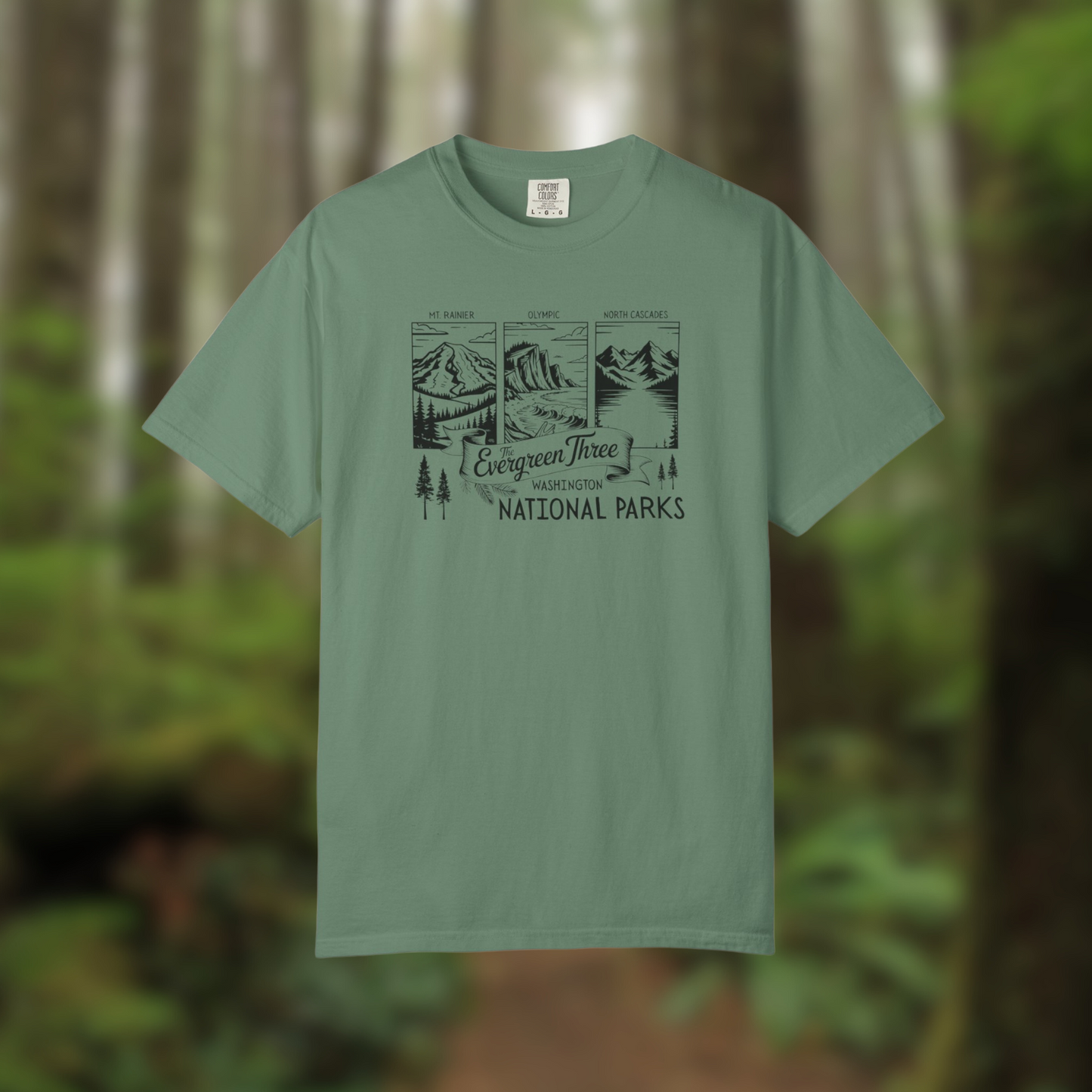 Washington Evergreen Three National Parks Tee showcasing Mount Rainier, Olympic, and North Cascades in a nature-inspired design.