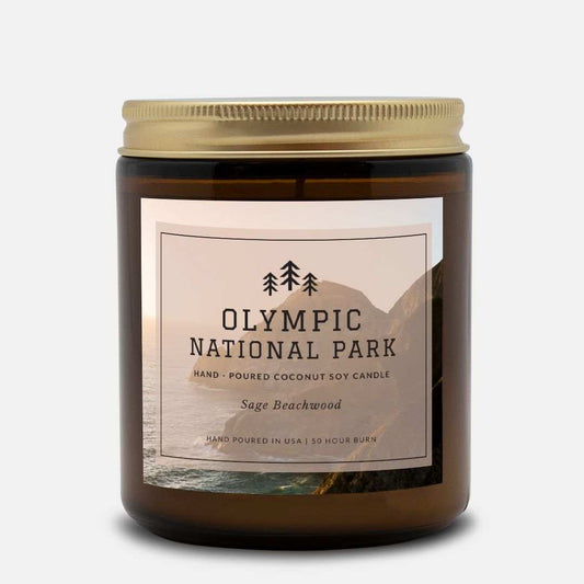 Olympic National Park Sage Beachwood CandleBring home the smell of the most beautiful places on earth, with these 9 oz coconut soy wax hand-poured National Park candles. These National Park Amber Jar Candles