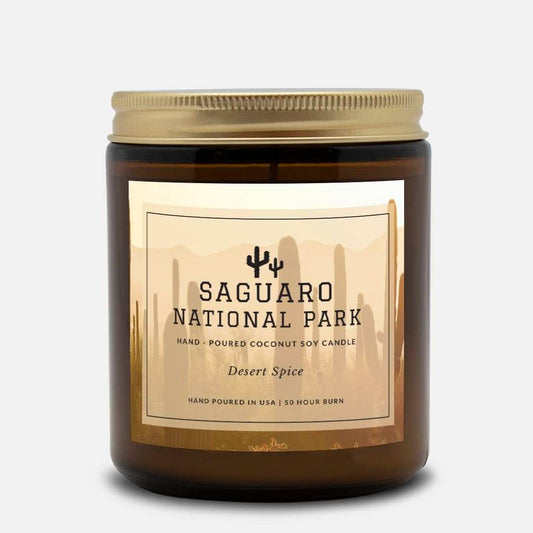 Saguaro National Park Desert Spice CandleBring home the smell of the most beautiful places on earth, with these 9 oz coconut soy wax hand-poured National Park candles. These National Park Amber Jar Candles