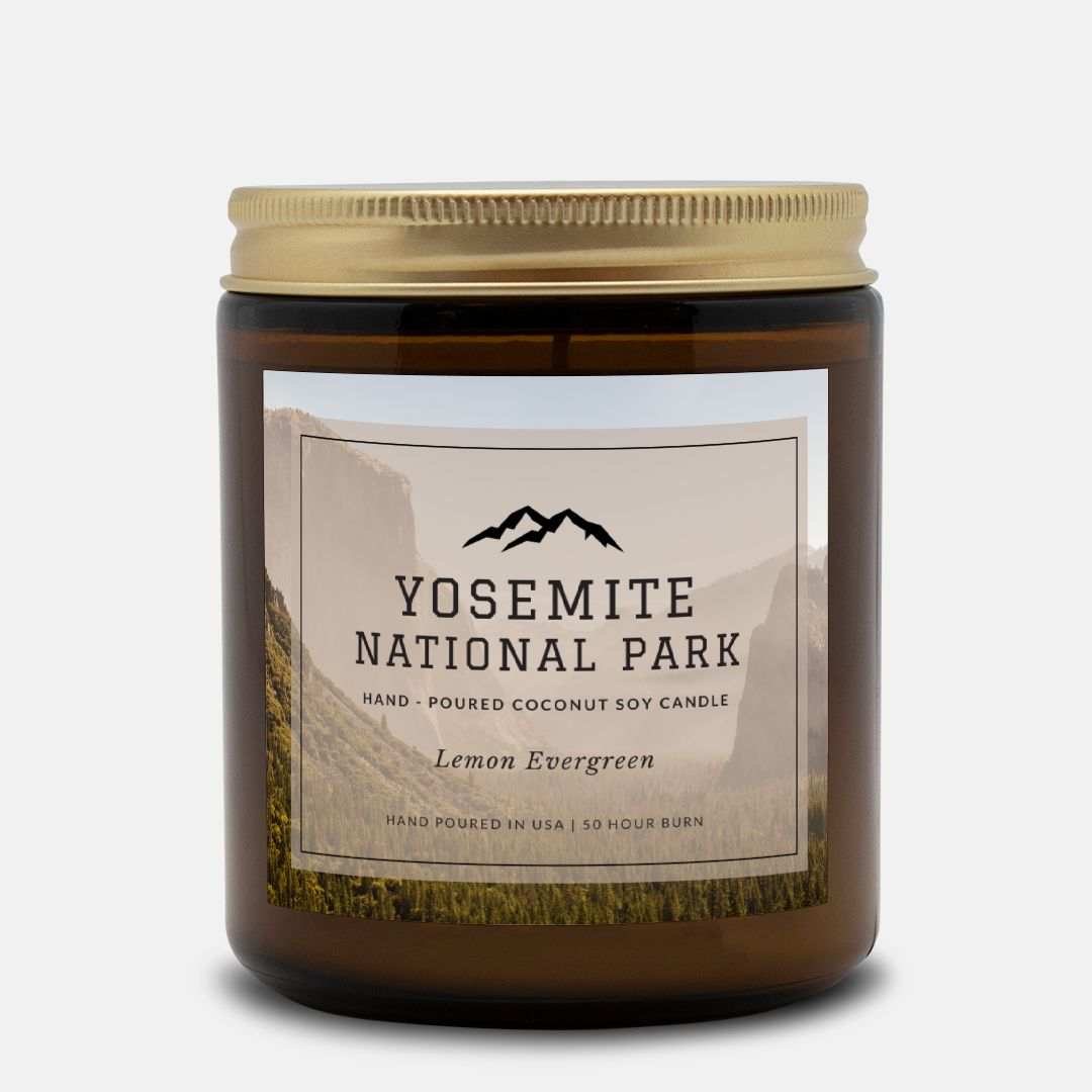Yosemite National Park Lemon Evergreen CandleBring home the smell of the most beautiful places on earth, with these 9 oz coconut soy wax hand-poured National Park candles. These National Park Amber Jar Candles