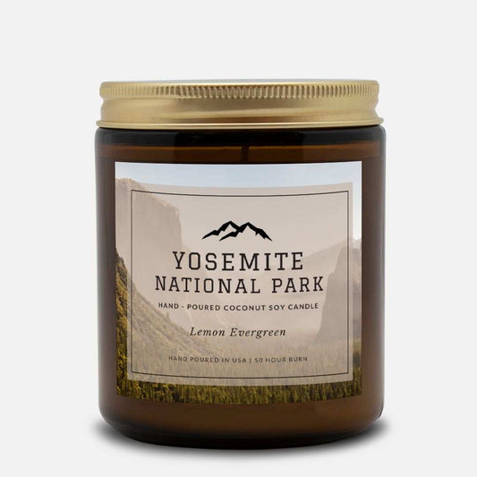 Yosemite National Park Lemon Evergreen CandleBring home the smell of the most beautiful places on earth, with these 9 oz coconut soy wax hand-poured National Park candles. These National Park Amber Jar Candles