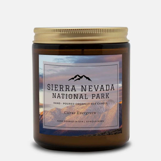 Sierra Nevada National Park Citrus Evergreen CandleBring home the smell of the most beautiful places on earth, with these 9 oz coconut soy wax hand-poured National Park candles. These National Park Amber Jar Candles