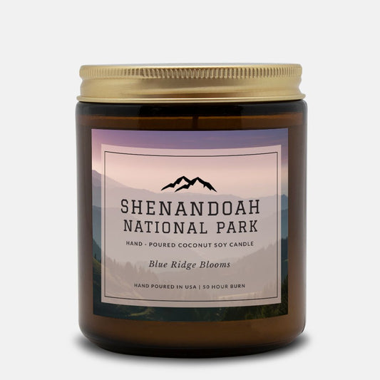 Shenandoah National Park Blue Ridge Blooms CandleBring home the smell of the most beautiful places on earth, with these 9 oz coconut soy wax hand-poured National Park candles. These National Park Amber Jar Candles