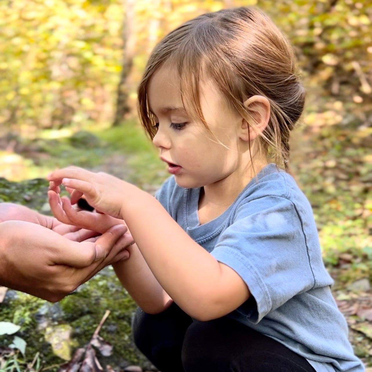 Young child in New River Gorge youth tee exploring nature with an adult, showcasing adventure and outdoor fun.